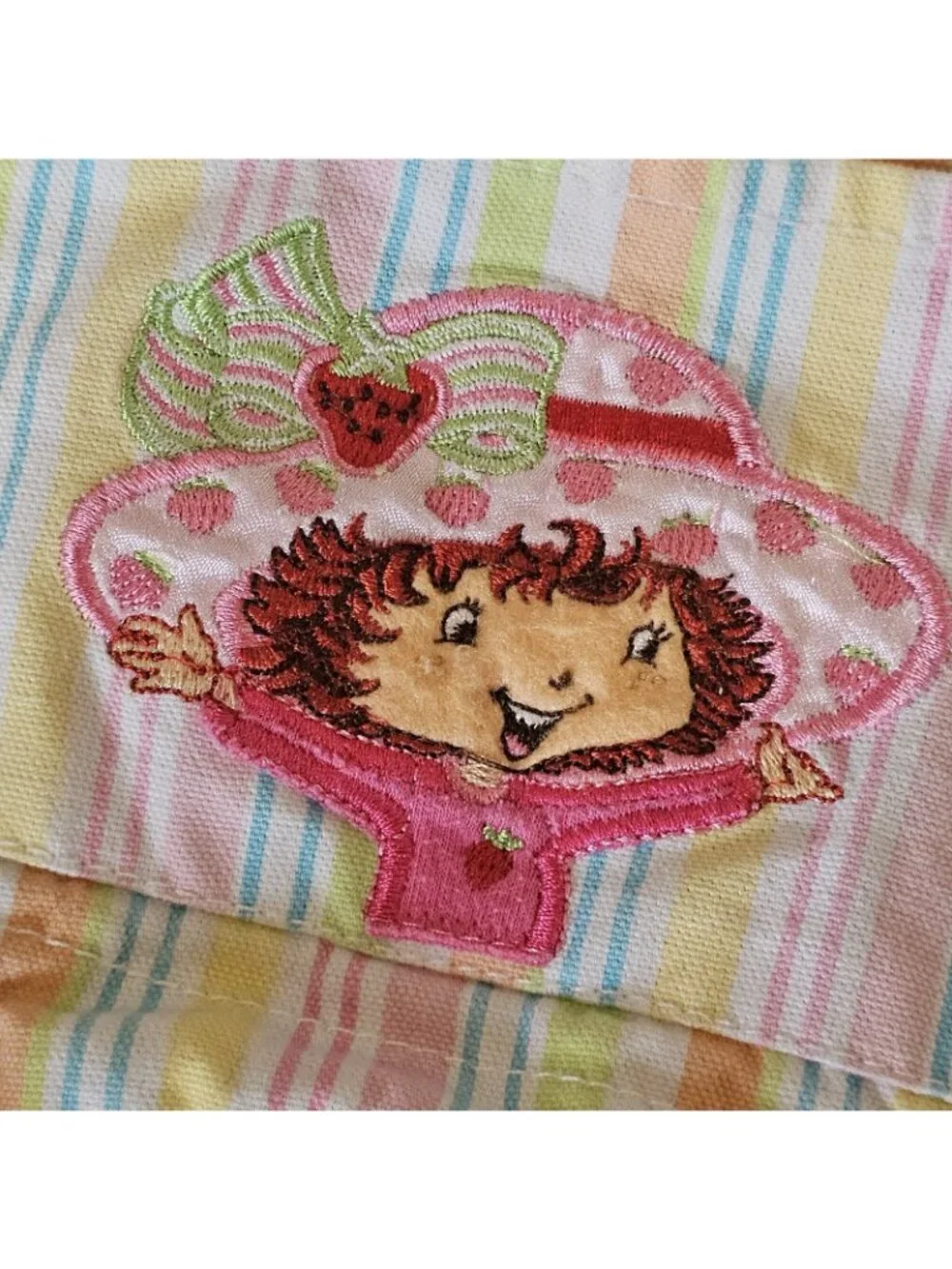Y2K Vtg Strawberry‎ Shortcake Bib Overall Dress Denim Rainbow Striped Sz 5